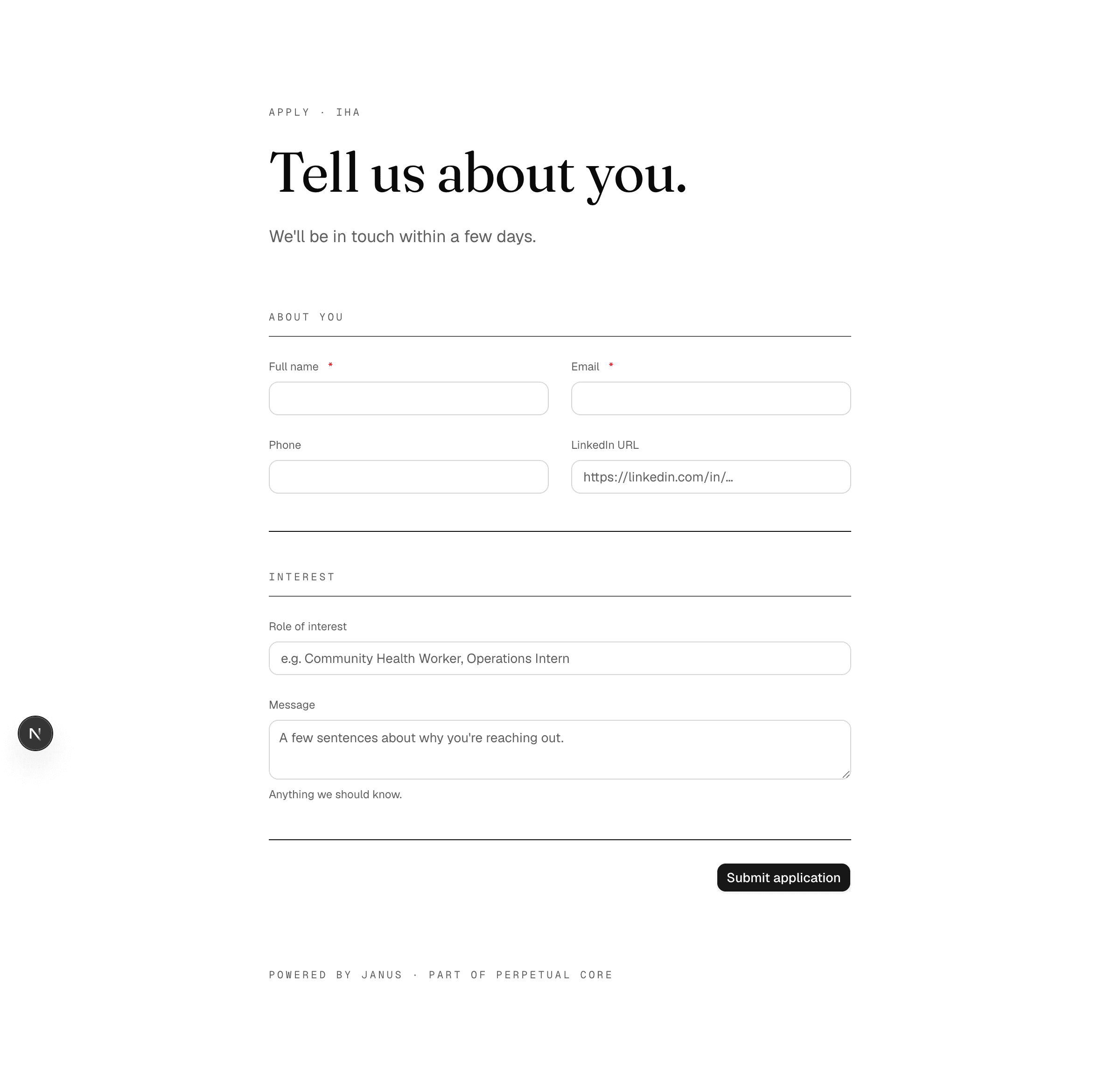 Janice public application form with applicant fields and submit button